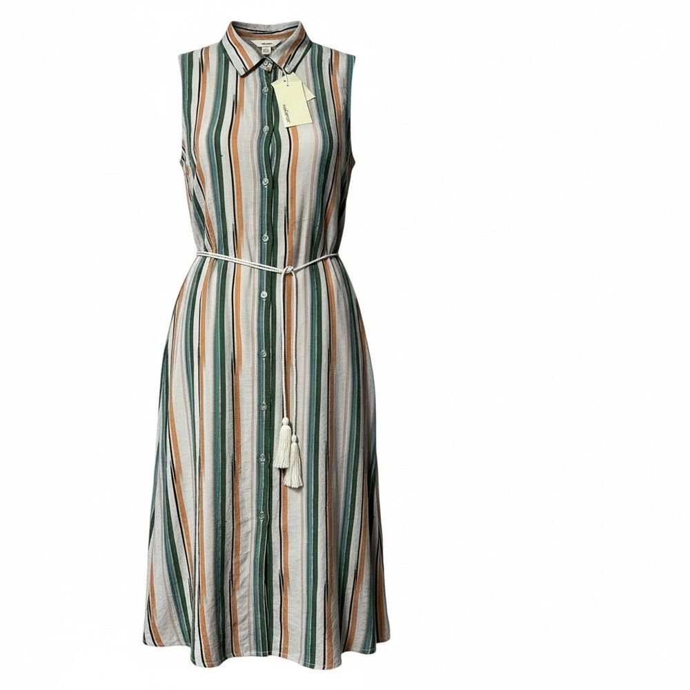 The Korner Sleeveless Stripe Shirt Dress Women’s L Beige Green Button Front NWT